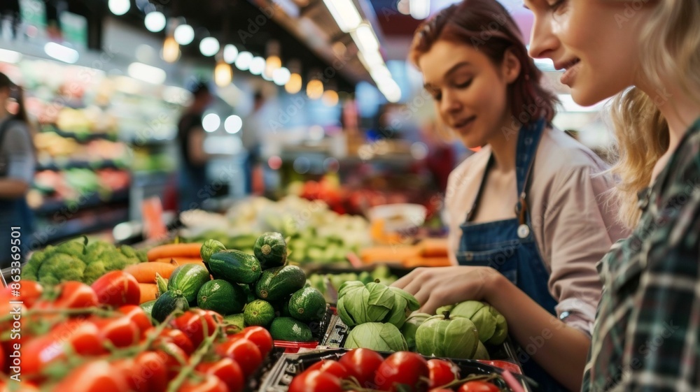 Bustling farmers' market with two Caucasian women in casual clothes choosing organic vegetables, including tomatoes and zucchinis, under bright lights. Local produce. Healthy vegetarian food. Bustling farmers' market with two Caucasian women in casual clothes choosing organic vegetables, including tomatoes and zucchinis, under bright lights. Local produce. Healthy vegetarian food.