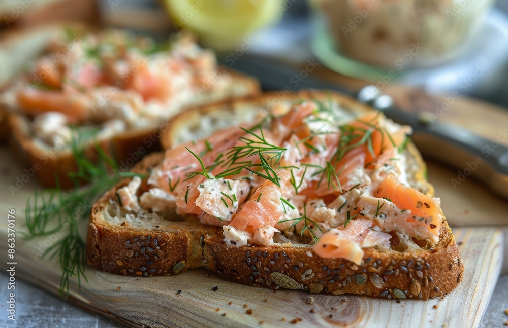 Close Up of Smoked Salmon and Cream Cheese Open Faced Sandwich With Dill