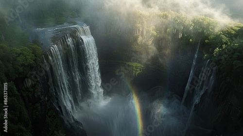 Fototapeta Naklejka Na Ścianę i Meble -  An aerial shot of a powerful waterfall plunging into a deep gorge, with mist rising and rainbows forming in the sunlight