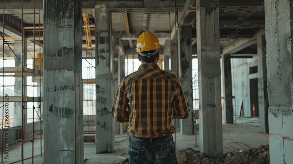 An engineer checking the alignment of columns and beams in a new building project An engineer checking the alignment of columns and beams in a new building project