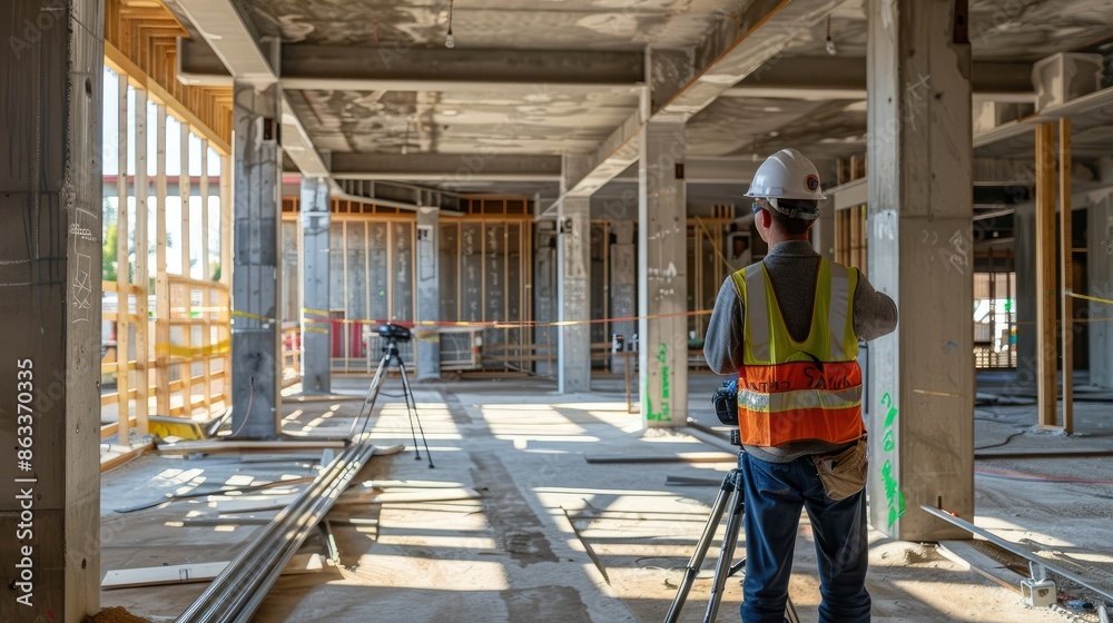 An engineer checking the alignment of columns and beams in a new building project An engineer checking the alignment of columns and beams in a new building project