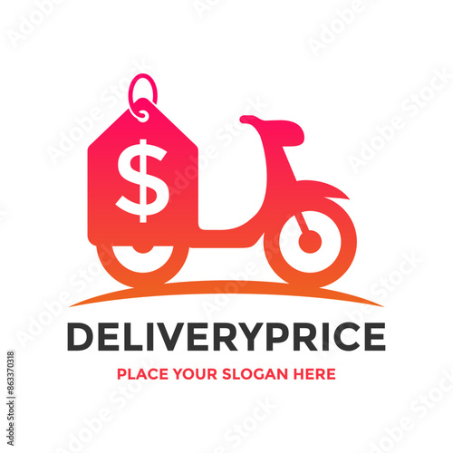 Delivery price vector logo template. This design use motorcycle and tag prise symbol. Suitable for business.