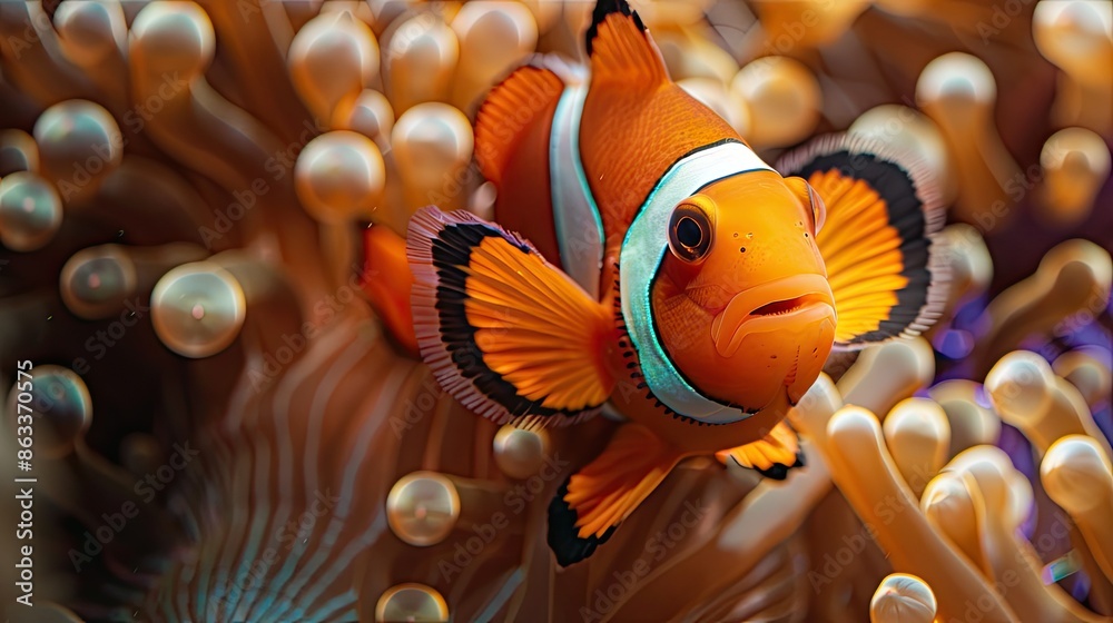 Close-up of a clownfish nestled among sea anemones, with its distinctive orange and white markings Close-up of a clownfish nestled among sea anemones, with its distinctive orange and white markings