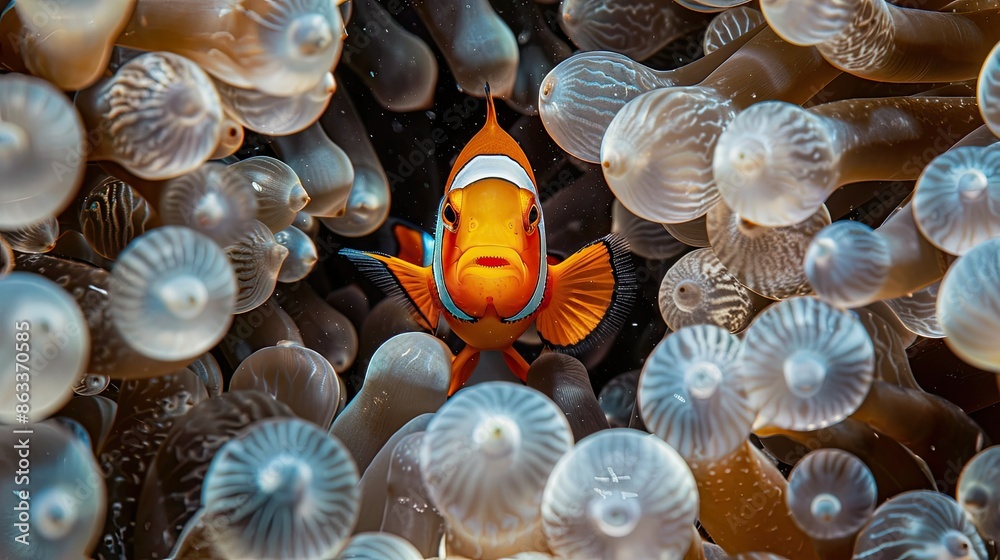 Close-up of a clownfish nestled among sea anemones, with its distinctive orange and white markings Close-up of a clownfish nestled among sea anemones, with its distinctive orange and white markings