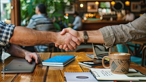 Wallpaper Mural Businessmen shaking hands across a table in a coffee shop, casual business meeting, laptop and notebooks on the table Torontodigital.ca