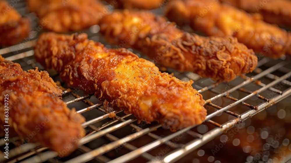 Close-up of buttermilk fried chicken strips on a wire rack, cooling off after frying, with a golden brown crust Close-up of buttermilk fried chicken strips on a wire rack, cooling off after frying, with a golden brown crust