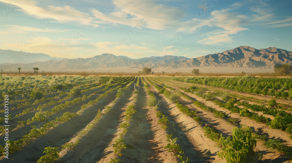 Sunlit Farmlands Against Mountain Backdrop Sunlit Farmlands Against Mountain Backdrop