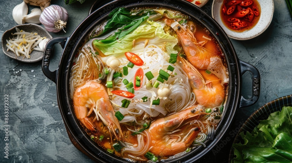 Chinese style hot pot with cabbage shrimp and glass noodles stewed