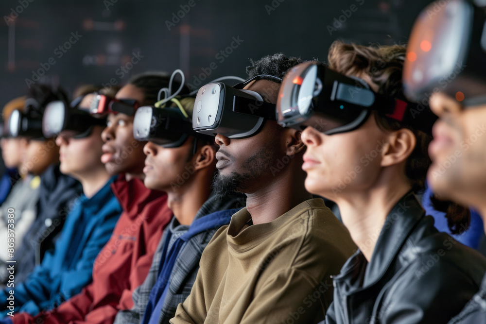 A diverse group of people involved in virtual reality, sitting in a row wearing VR glasses, learning
A diverse group of people involved in virtual reality, sitting in a row wearing VR glasses, learning
