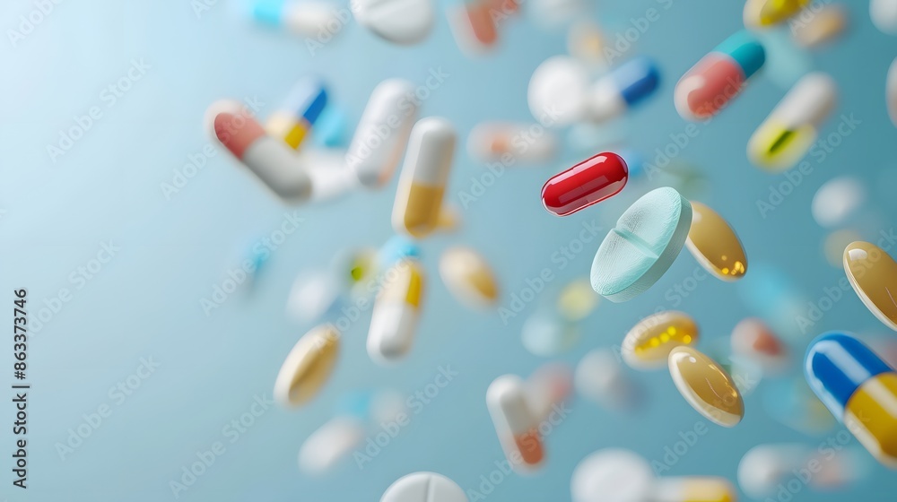 Falling colorful medical pills isolated on white Falling colorful medical pills isolated on white