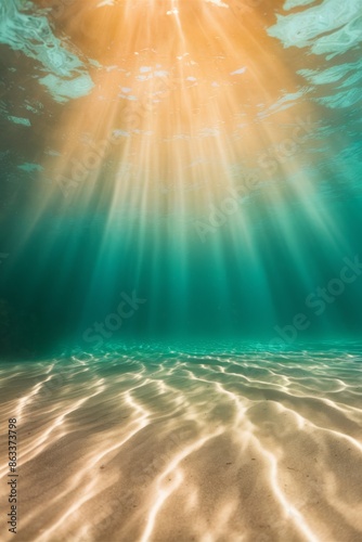 A picture of the sun shines through water and sand, AI