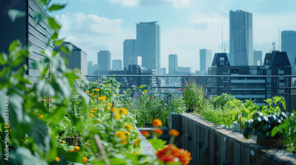 Fototapeta premium Urban Rooftop Garden with City Skyline on a Sunny Day