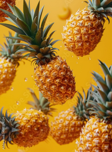 fresh pineapples floating with droplets on a sunny yellow background