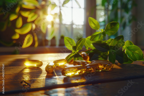 Herbal medicine in yellow capsules with herb leaves on a wooden table close-up against the background of sunlight from the window. Vitamin D3 or omega 3
 photo