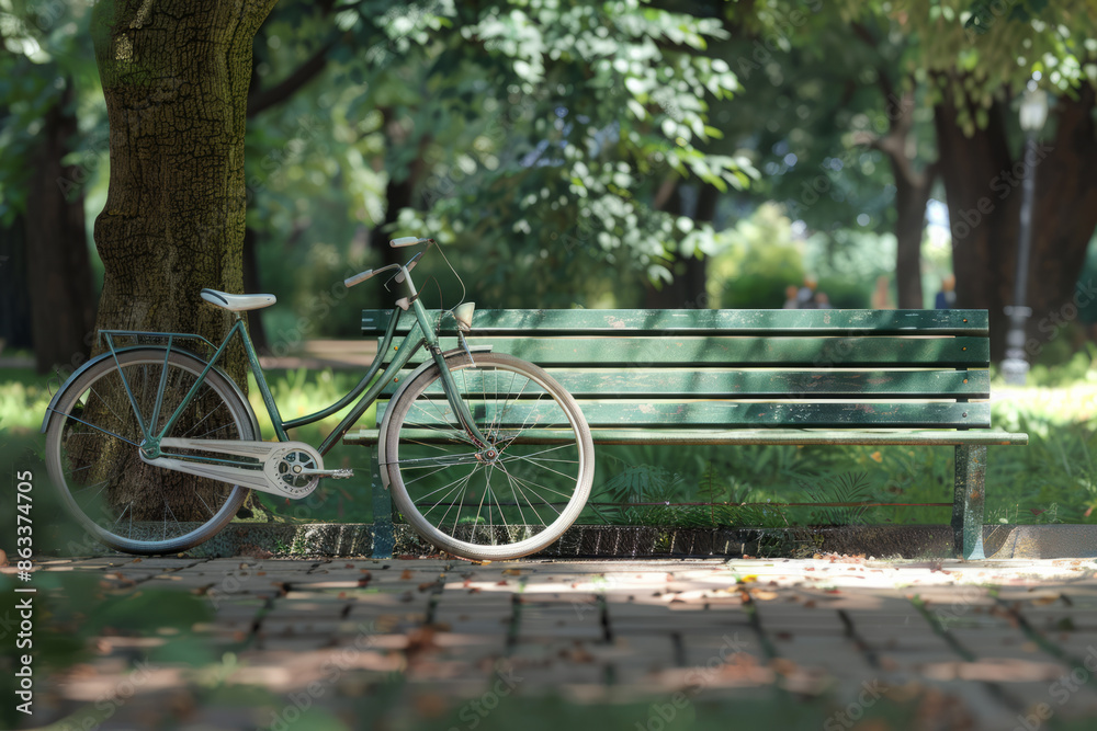 Fototapeta premium bicycle parked near a green bench in the park 
