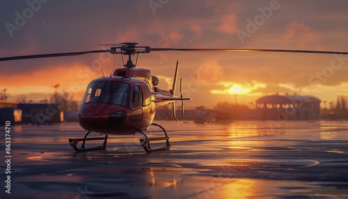 Red Helicopter Parked on a Wet Runway at Sunset