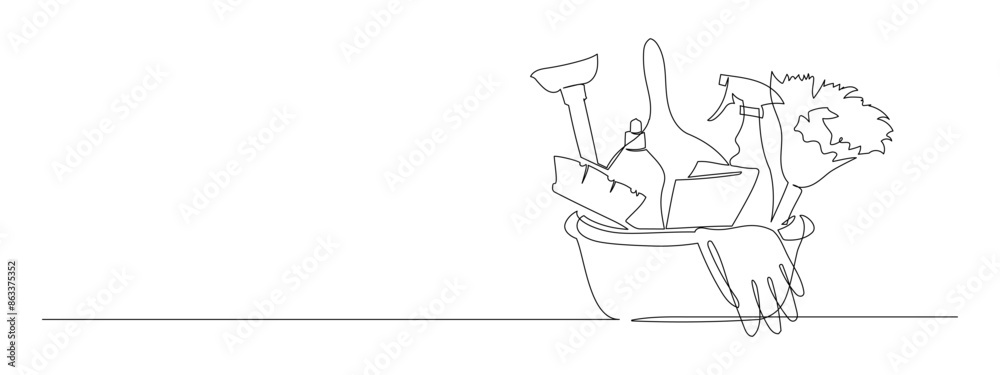 Bucket with cleaning supplies in one continuous line drawing. Cleanup and washing concept in simple linear style. Household and housekeeping symbol in editable stroke. vector illustration Bucket with cleaning supplies in one continuous line drawing. Cleanup and washing concept in simple linear style. Household and housekeeping symbol in editable stroke. vector illustration