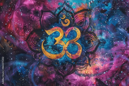cosmic om symbol vibrant galactic mandala with sacred geometry and nebulainspired colors photo