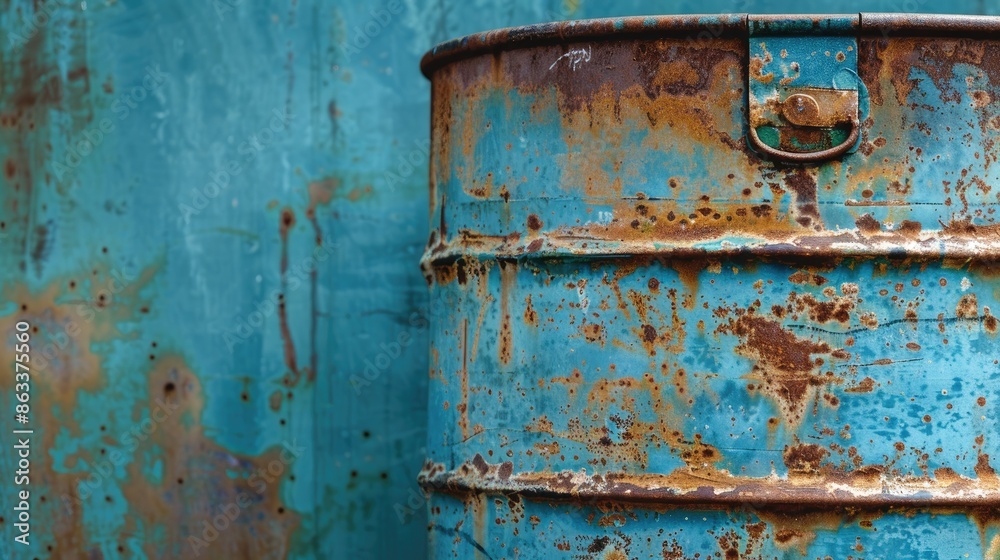 Blue rusty 44 gallon steel drum with copy space Blue rusty 44 gallon steel drum with copy space