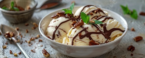 Vanilla Ice Cream With Chocolate Sauce, Pecans, and Mint Garnish