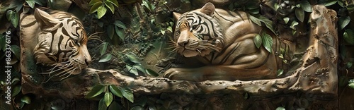 Beautiful tiger 3d relief wallpaper. Mural wallpaper. Wall art. AI generated illustration. © Or