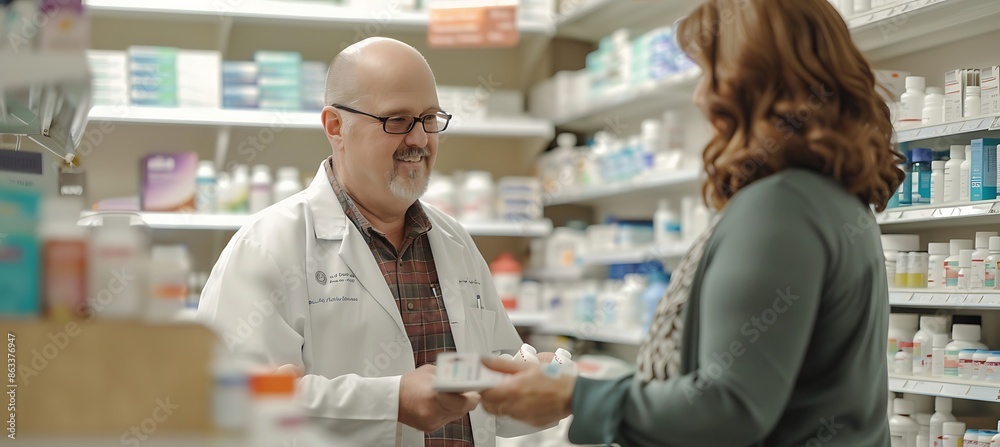 Patient interacting with a pharmacist while picking up medication thorough image investigation of pharmacy interactions Patient interacting with a pharmacist while picking up medication thorough image investigation of pharmacy interactions