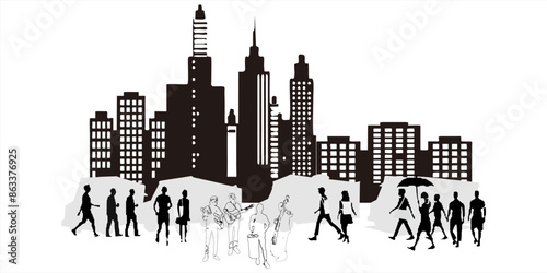 Vector illustration of Foodtruck, people, street musicians against the background of city skyscrapers