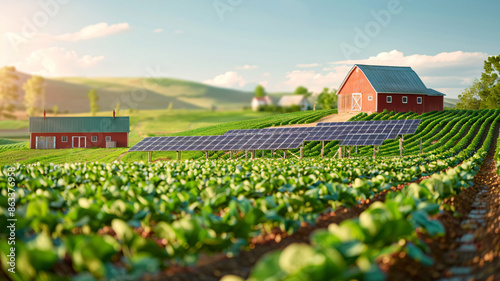 Solar panels in agricultural field with red barn and sunset for sustainable farming photo