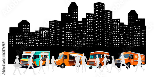 Vector illustration of Foodtruck, people, street musicians against the background of city skyscrapers