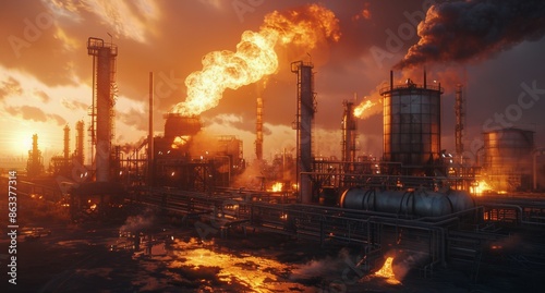 Industrial Complex Fire at Sunset With Dense Smoke Plumes