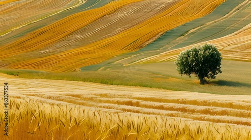 Wild oat (Avena fatua) on fields of wheat and barley crops in summer before harvest photo