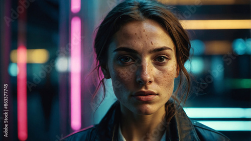 Portrait of the face of an Italian woman with freckles, against the background of urban neon lights
