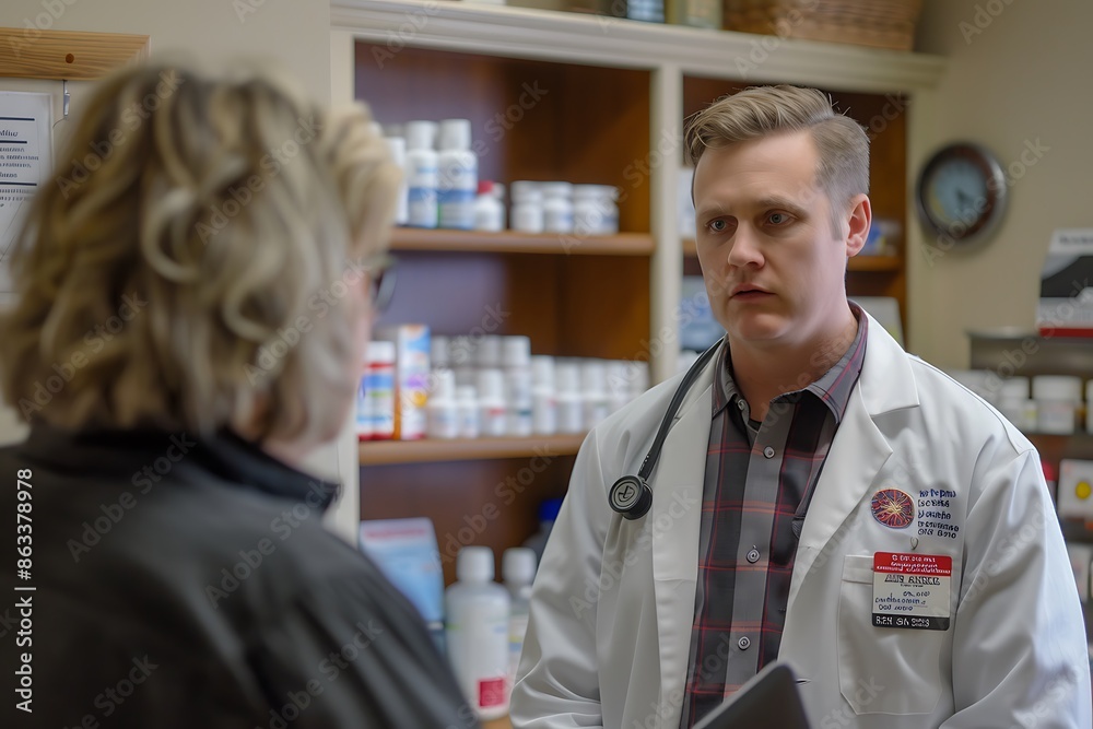 Pharmacist counseling a patient on their prescription medication comprehensive visual assessment of medication counseling Pharmacist counseling a patient on their prescription medication comprehensive visual assessment of medication counseling