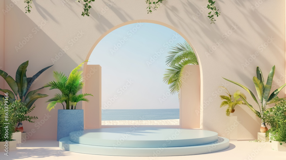 modern beach display podium with tropical foliage for product exhibitions modern beach display podium with tropical foliage for product exhibitions