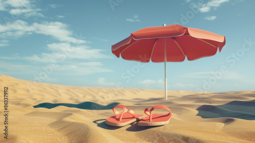 desert oasis scene with red umbrella and matching slippers photo