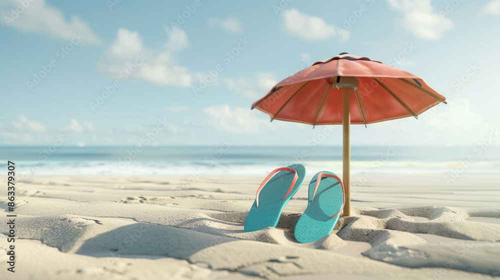 relaxing beach scene with red umbrella and teal slippers relaxing beach scene with red umbrella and teal slippers