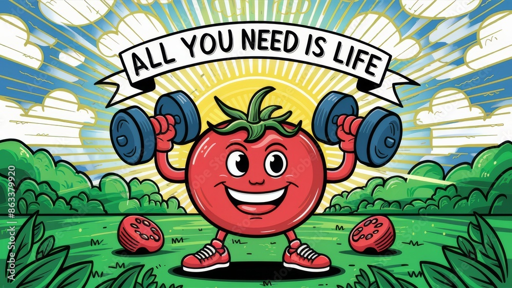 A cartoon tomato with a dumbbell in each hand and the words all you need is love, AI A cartoon tomato with a dumbbell in each hand and the words all you need is love, AI