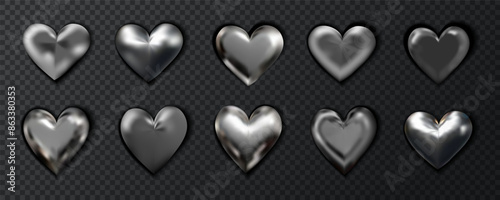 Chrome collection of elegant metallic heart icons. Y2k metallic set. Stock vector illustration in realistic style.