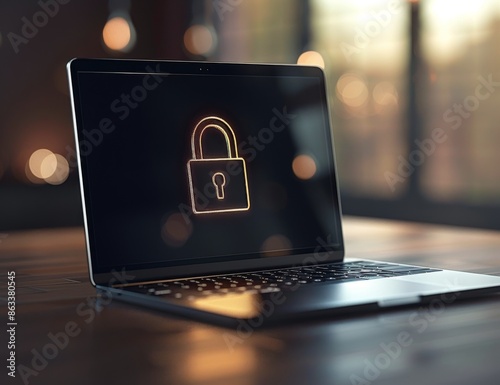 Laptop Displaying A Digital Lock Icon On A Table In A Living Room