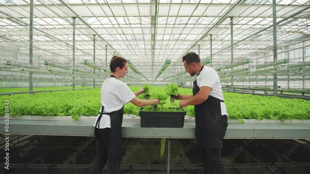 Growing lettuce plants. Man and woman workers harvest raw lettuce leaves in greenhouse. Hydroponic beds Industrial cultivation of vegetables, Organic salad. Concept of healthy eating and vegetarianism Growing lettuce plants. Man and woman workers harvest raw lettuce leaves in greenhouse. Hydroponic beds Industrial cultivation of vegetables, Organic salad. Concept of healthy eating and vegetarianism