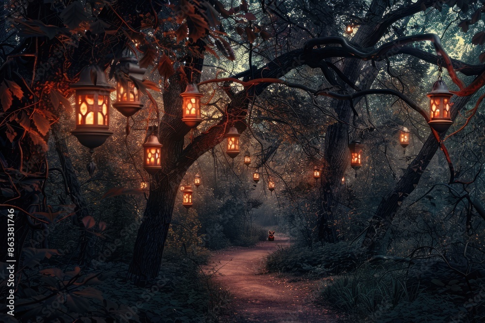 A dark forest path illuminated by lanterns hanging from the trees, creating a mystical and eerie atmosphere perfect for Halloween A dark forest path illuminated by lanterns hanging from the trees, creating a mystical and eerie atmosphere perfect for Halloween