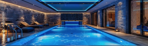 Indoor Swimming Pool With Lounge Chairs in a Stone Building