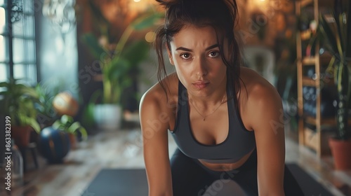 Free Download Powerful and Determined Woman Following an Indoor Workout Routine in a Dark Moody Urban Setting - GFXLoad