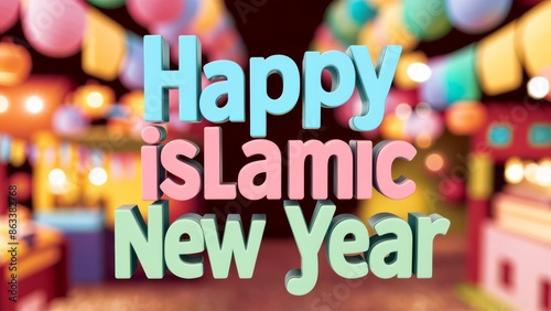 A colorful islamic new year greeting with a happy holiday, AI