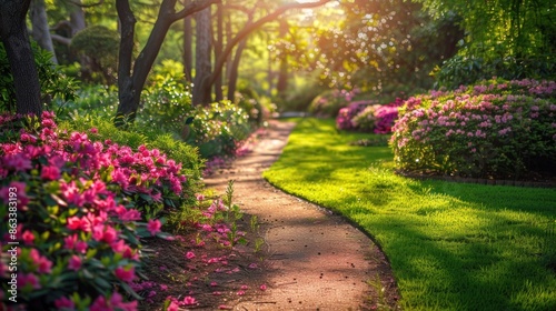 A path in a garden with pink flowers and green grass. The path is surrounded by trees and bushes, creating a peaceful and serene atmosphere