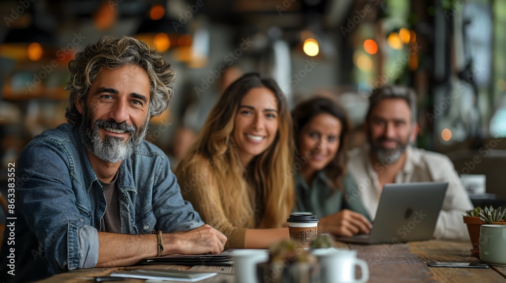 four people ranging in ages from 24 to 64 sitting in a co-working space smiling four people ranging in ages from 24 to 64 sitting in a co-working space smiling