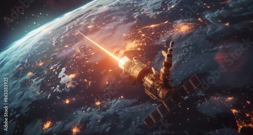 Satellite Orbiting Earth at Sunset With City Lights Visible