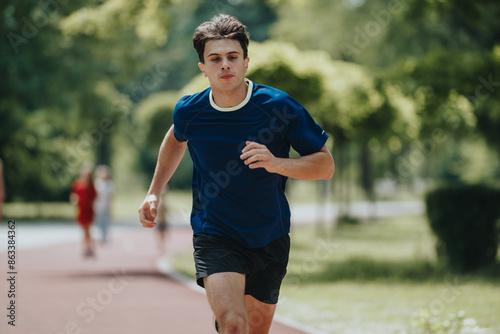 Focused young man jogging on a park trail, wearing a blue athletic shirt and black shorts. Healthy lifestyle and outdoor fitness. © qunica.com