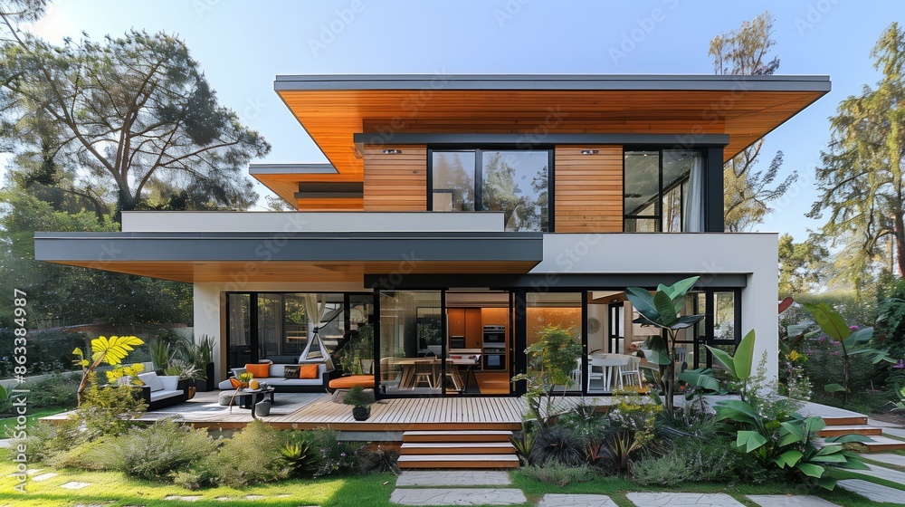 Fototapeta premium Modern Two-Story Home With Wooden Accents and Lush Landscaping