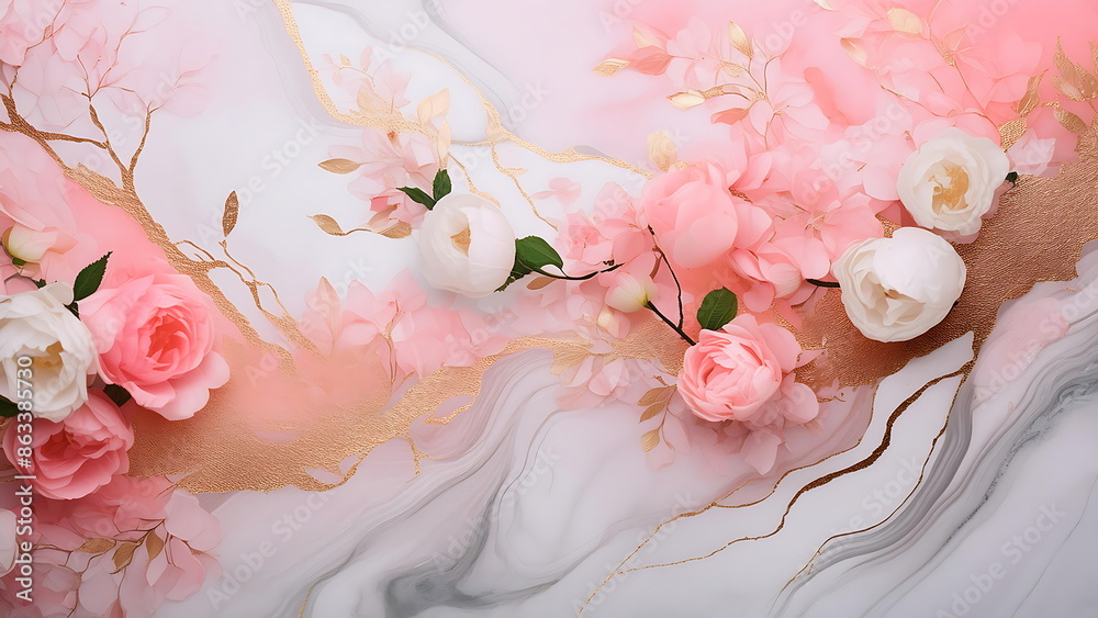 Pink and white roses on marble background. Floral backdrop, wedding decor or springtime celebration. Pink and white roses on marble background. Floral backdrop, wedding decor or springtime celebration.